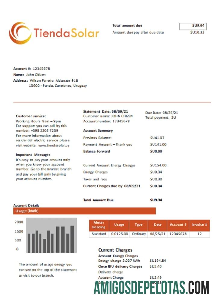 imprimível Modelo de conta de serviços públicos Uruguai TiendaSolar em formato Word e PDF